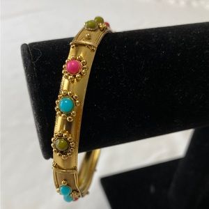 Art Deco Style Yellow Gold Tone Round 3” Bangle Bracelet Glass Stone Scrolling